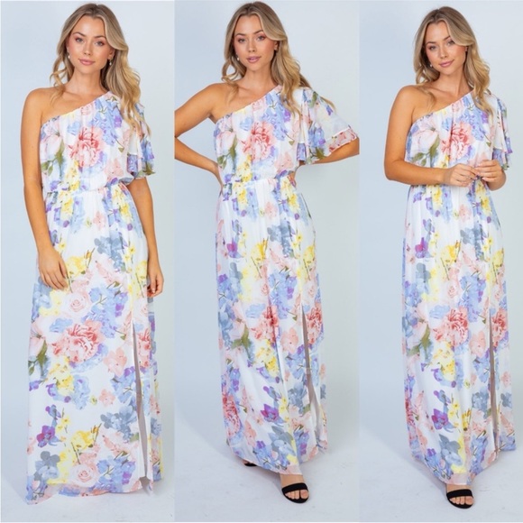 white birch Dresses & Skirts - White Birch Garden Diva Pastel Floral One-Shoulder Maxi Dress S